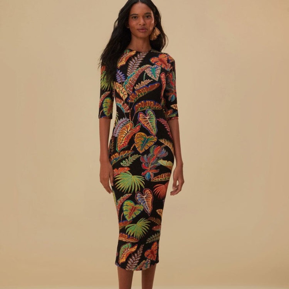Farm Rio Cool Foliage Black Jersey Midi Dress